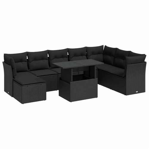 Vrtna garnitura - 9-dijelni set vrtnih sofa s jastucima crni od poliratana - Crna sa spremištem 1 Cijena