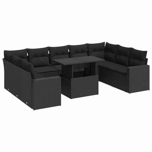 Vrtna garnitura - 10-dijelni set vrtnih sofa s jastucima crni od poliratana - Crna sa spremištem 1 Cijena