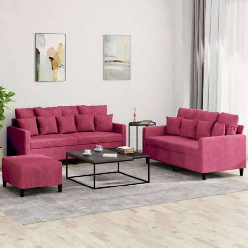 3-dijelni set sofa s jastucima crvena boja vina baršunasti - boja crnog vina s jastučićima i tabureom Cijena