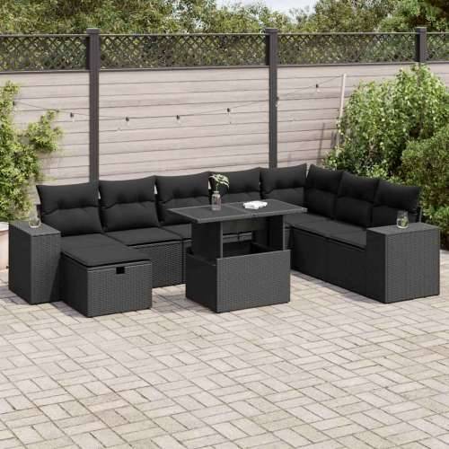 Vrtna garnitura - 9-dijelni set vrtnih sofa s jastucima crni od poliratana - Crna sa spremištem 1 Cijena