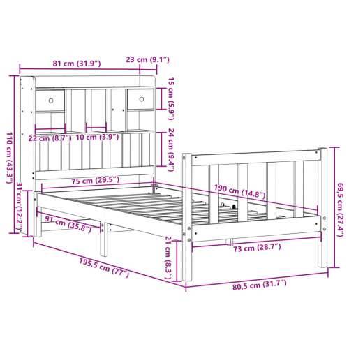 Krevet s regalom za knjige bez madraca 75x190 cm borovina - Prirodna 75 x 190 cm Cijena