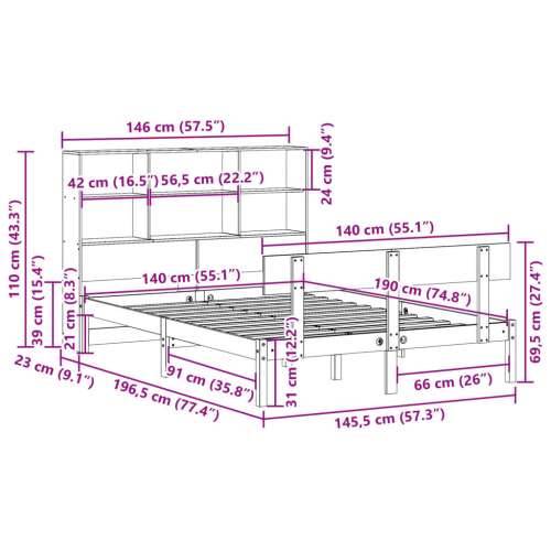 Krevet s regalom za knjige bez madraca 140x190 cm od borovine - Prirodna 140 x 190 cm Cijena