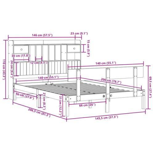 Krevet s regalom z knjige bez madraca bijeli 140x200cm borovina - Bijela 140 x 200 cm Cijena