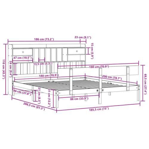 Krevet s regalom za knjige bez madraca 180x200 cm od borovine - Prirodna 180 x 200 cm Cijena