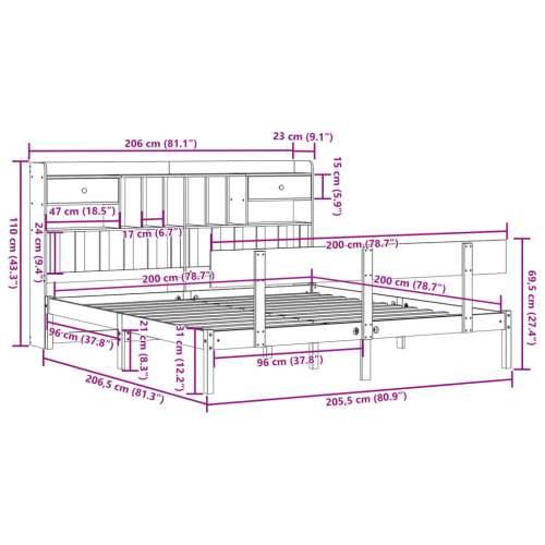 Krevet s regalom za knjige bez madraca 200 x 200 cm od borovine - Prirodna 200 x 200 cm Cijena