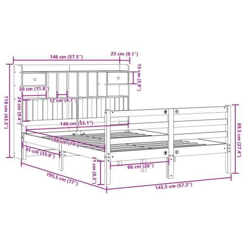 Krevet s regalom za knjige bez madraca 140x190 cm od borovine - Prirodna 140 x 190 cm Cijena