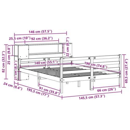 Krevet s regalom za knjige bez madraca 140x190 cm od borovine - Prirodna 140 x 190 cm Cijena