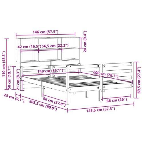 Krevet s regalom za knjige bez madraca 140x200 cm od borovine - Prirodna 140 x 200 cm Cijena