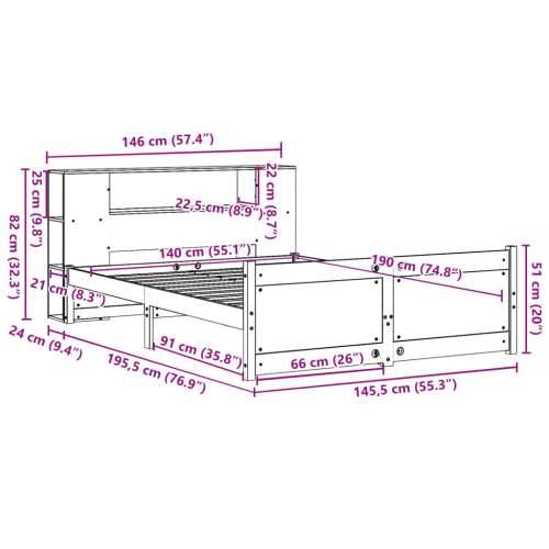 Krevet s regalom z knjige bez madraca bijeli 140x190cm borovina - Bijela 140 x 190 cm Cijena