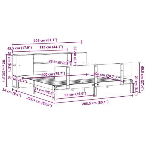Krevet s regalom za knjige bez madraca 200 x 200 cm od borovine - Prirodna 200 x 200 cm Cijena