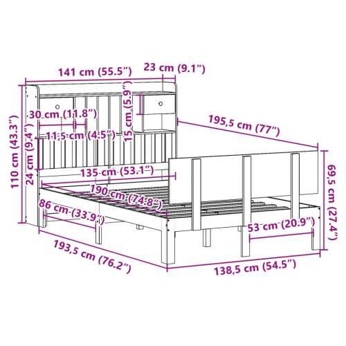 Krevet s regalom za knjige bez madraca 135x190 cm od borovine - Prirodna 135 x 190 cm Cijena