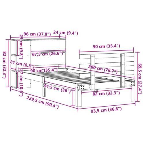 Krevet s regalom za knjige bez madraca 90 x 200 cm od borovine - Voštano smeđa 90 x 200 cm Cijena