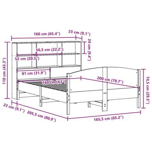 Krevet s regalom za knjige bez madraca 160x200 cm od borovine - Prirodna 160 x 200 cm Cijena