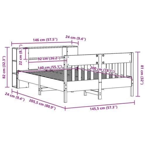 Krevet s regalom za knjige bez madraca 140x200 cm od borovine - Prirodna 140 x 200 cm Cijena