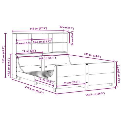 Krevet s regalom za knjige bez madraca 140x190 cm masivno drvo - Smeđa 140 x 190 cm Cijena