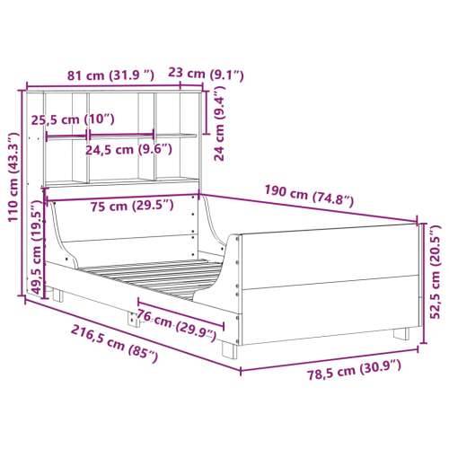 Krevet s regalom za knjige bez madraca 75 x 190 cm masivno drvo - Voštano smeđa 75 x 190 cm Cijena