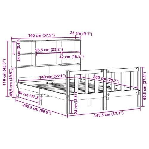 Krevet s regalom z knjige bez madraca bijeli 140x200cm borovina - Bijela 140 x 200 cm Cijena