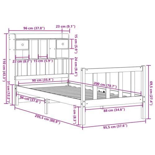 Krevet s regalom za knjige bez madraca 90 x 200 cm od borovine - Voštano smeđa 90 x 200 cm Cijena