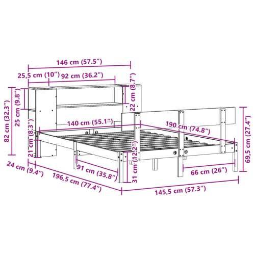 Krevet s regalom za knjige bez madraca 140x190 cm od borovine - Prirodna 140 x 190 cm Cijena