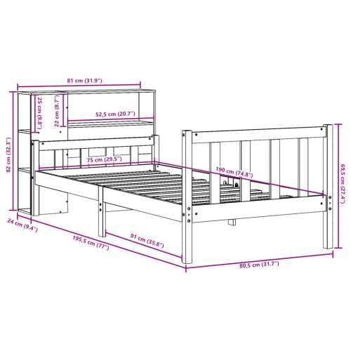 Krevet s regalom za knjige bez madraca 75 x 190 cm masivno drvo - Voštano smeđa 75 x 190 cm Cijena