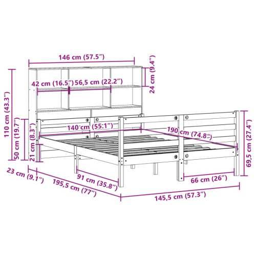 Krevet s regalom za knjige bez madraca 140x190 cm od borovine - Prirodna 140 x 190 cm Cijena