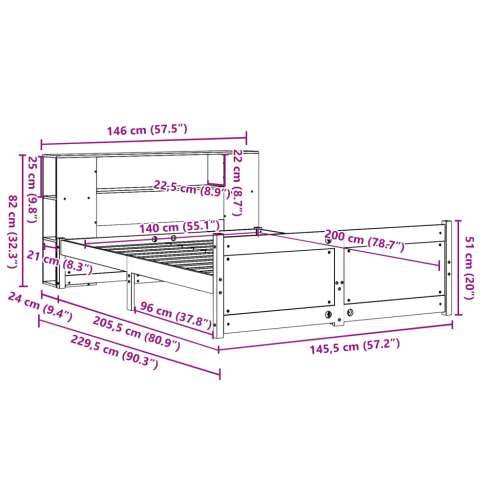Krevet s regalom za knjige bez madraca 140x200 cm od borovine - Prirodna 140 x 200 cm Cijena