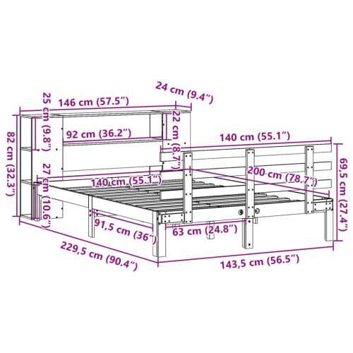 Krevet s regalom za knjige bez madraca 140x200 cm od borovine - Prirodna 140 x 200 cm Cijena