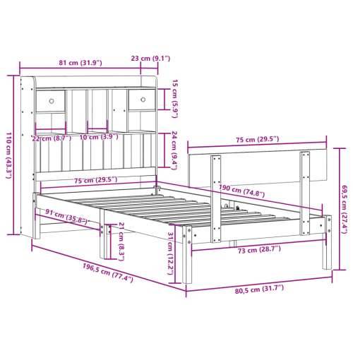 Krevet s regalom za knjige bez madraca bijeli 75x190cm borovina - Bijela 75 x 190 cm Cijena
