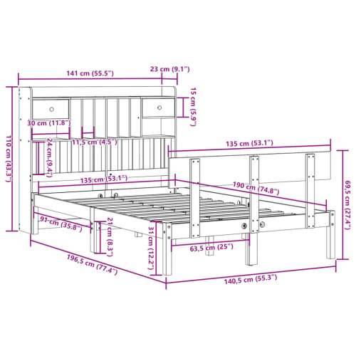Krevet s regalom z knjige bez madraca bijeli 135x190cm borovina - Bijela 135 x 190 cm Cijena