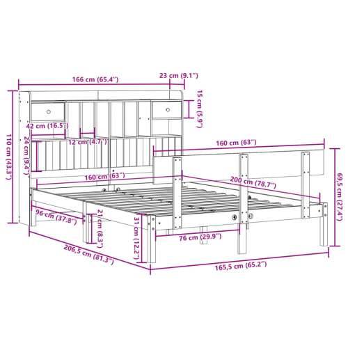 Krevet s regalom za knjige bez madraca 160x200 cm od borovine - Prirodna 160 x 200 cm Cijena