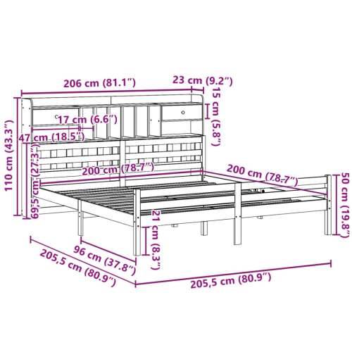 Krevet s regalom za knjige bez madraca 200 x 200 cm od borovine - Prirodna 200 x 200cm Cijena