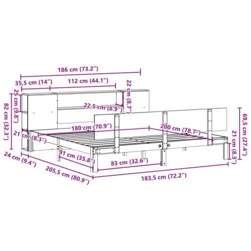 Krevet s regalom za knjige bez madraca 180x200 cm od borovine - Prirodna 180 x 200 cm Cijena