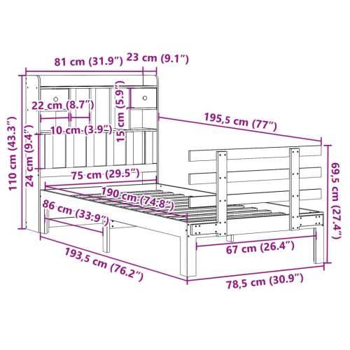 Krevet s regalom za knjige bez madraca bijeli 75x190cm borovina - Bijela 75 x 190 cm Cijena