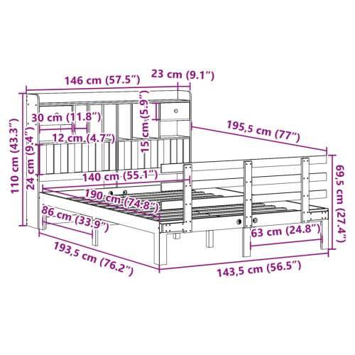 Krevet s regalom za knjige bez madraca 140x190 cm od borovine - Prirodna 140 x 190 cm Cijena