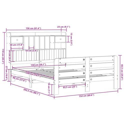 Krevet s regalom za knjige bez madraca 150 x 200 cm od borovine - Prirodna 150 x 200 cm Cijena
