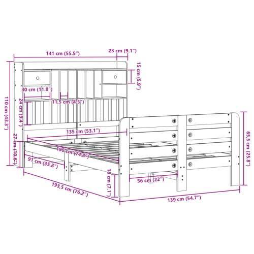 Krevet s regalom za knjige bez madraca 135x190 cm od borovine - Prirodna 135 x 190 cm Cijena
