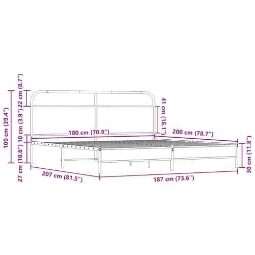 Metalni okvir kreveta bez madraca boja hrasta sonome 180x200 cm - sonoma hrast 180 x 200 cm s uzglavljem i niskim podnožjem Cijena