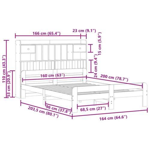 Krevet s regalom za knjige bez madraca 160x200 cm od borovine - Prirodna 160 x 200 cm Cijena