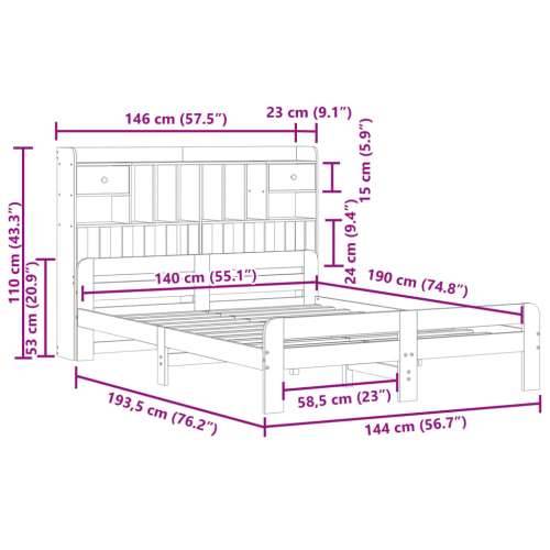 Krevet s regalom z knjige bez madraca bijeli 140x190cm borovina - Bijela 140 x 190 cm Cijena