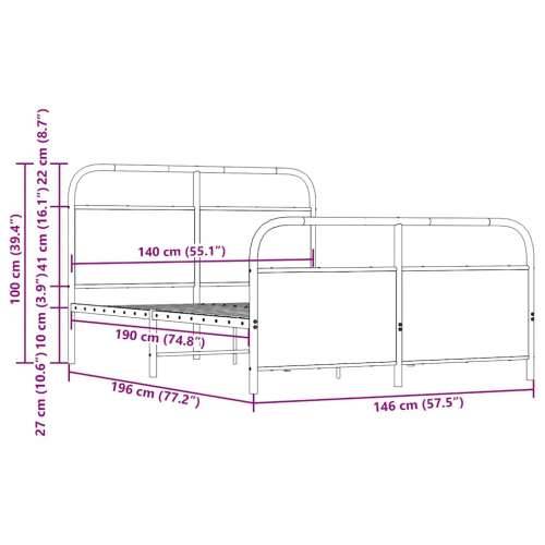 Metalni okvir kreveta bez madraca smeđa boja hrasta 140x190 cm - Smeđi hrast 140 x 190 cm s uzglavljem i podnožjem Cijena