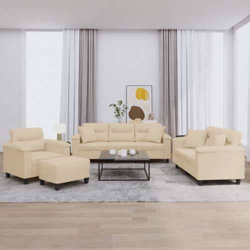 4-dijelni set sofa s jastucima krem od mikrovlakana - Krema s jastucima i tabureom Cijena