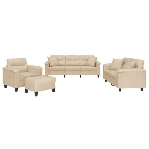 4-dijelni set sofa s jastucima krem od mikrovlakana - Krema s jastucima i tabureom Cijena