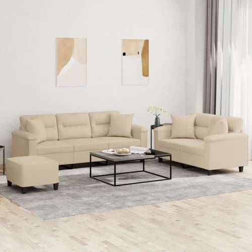 3-dijelni set sofa s jastucima krem od mikrovlakana - Krema s jastucima i tabureom Cijena