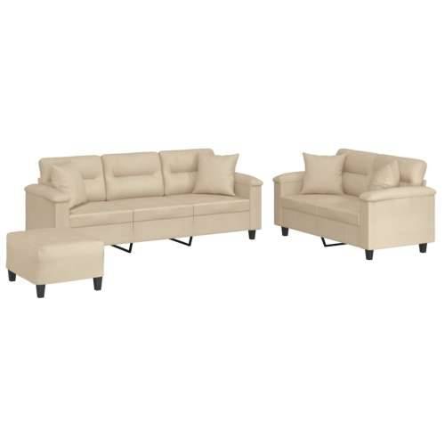 3-dijelni set sofa s jastucima krem od mikrovlakana - Krema s jastucima i tabureom Cijena