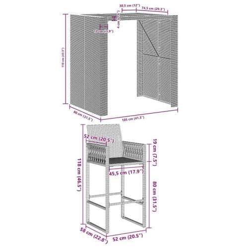 3-dijelni vrtni barski set bez jastucima sivi poliratana bagrem - Siva 105 cm 2 Cijena