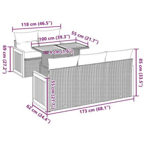 Vrtna garnitura - 6-dijelni set vrtnih sofa poliratan i bagrem s jastucima sivi - Siva 1 Cijena