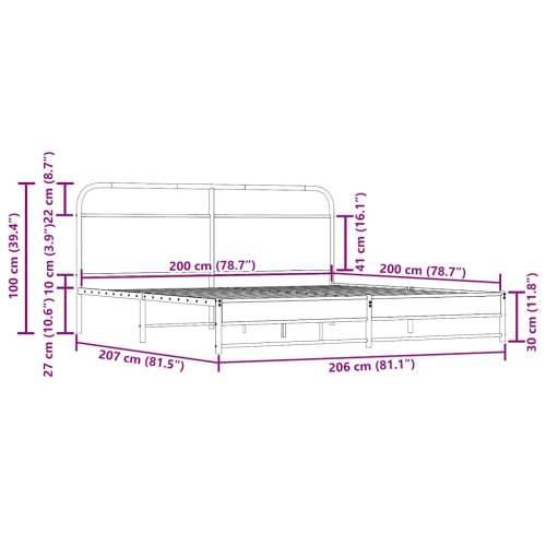 Metalni okvir kreveta bez madraca boja hrasta 200x200 cm - Dimljeni hrast 200 x 200 cm s uzglavljem i dvostrukim niskim podnožje Cijena