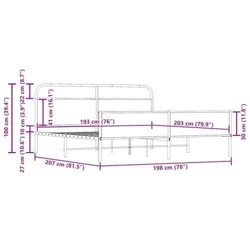 Metalni okvir kreveta bez madraca boja hrasta 193x203 cm - Dimljeni hrast 193 x 203 cm s uzglavljem i visokim podnožjem Cijena