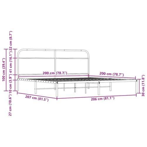 Metalni okvir kreveta bez madraca boja hrasta 200x200 cm - Dimljeni hrast 200 x 200 cm s uzglavljem i niskim podnožjem Cijena