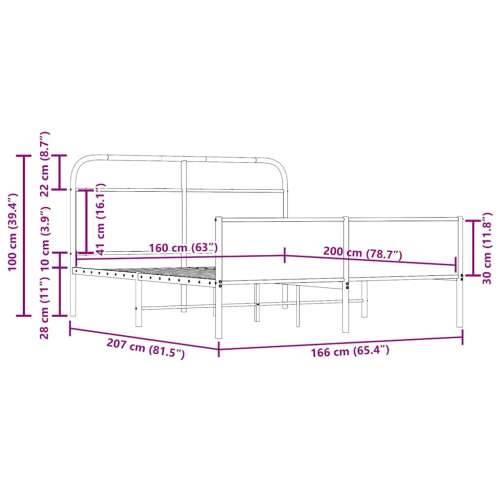 Metalni okvir kreveta bez madraca boja hrasta 160x200 cm - Dimljeni hrast 160 x 200 cm s uzglavljem i visokim podnožjem Cijena
